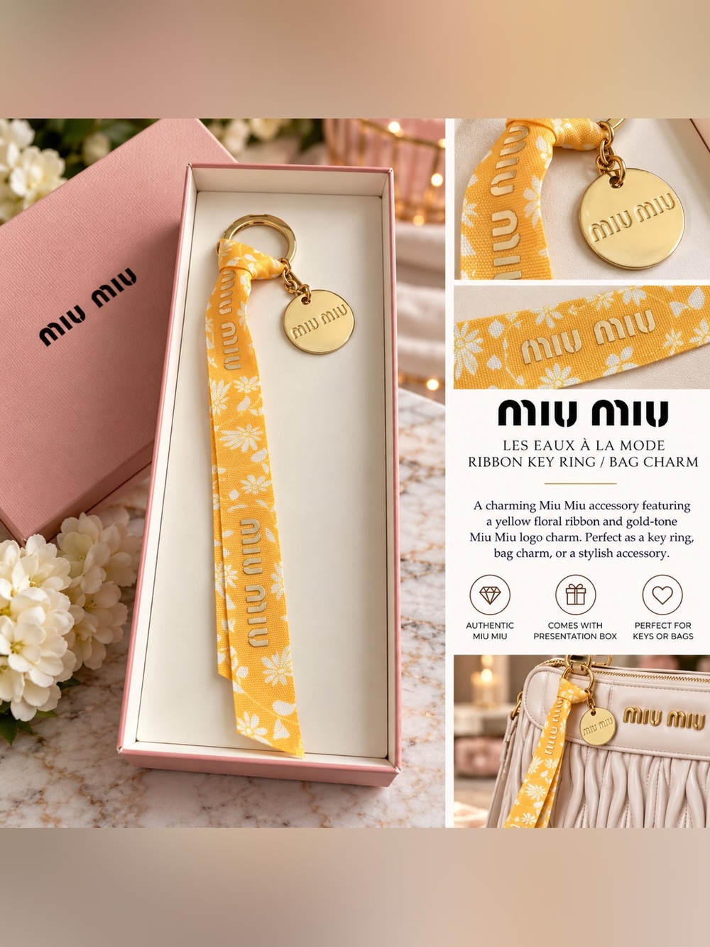 Miu Miu Les Eaux à la Mode Yellow Floral Ribbon Keychain Bag Charm NIB